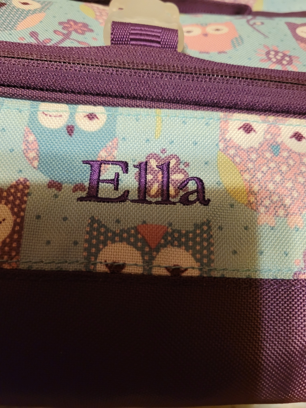 ELLA Name Embroidy On Purple & Aqua Owl Backpack With Matching Lunch Box